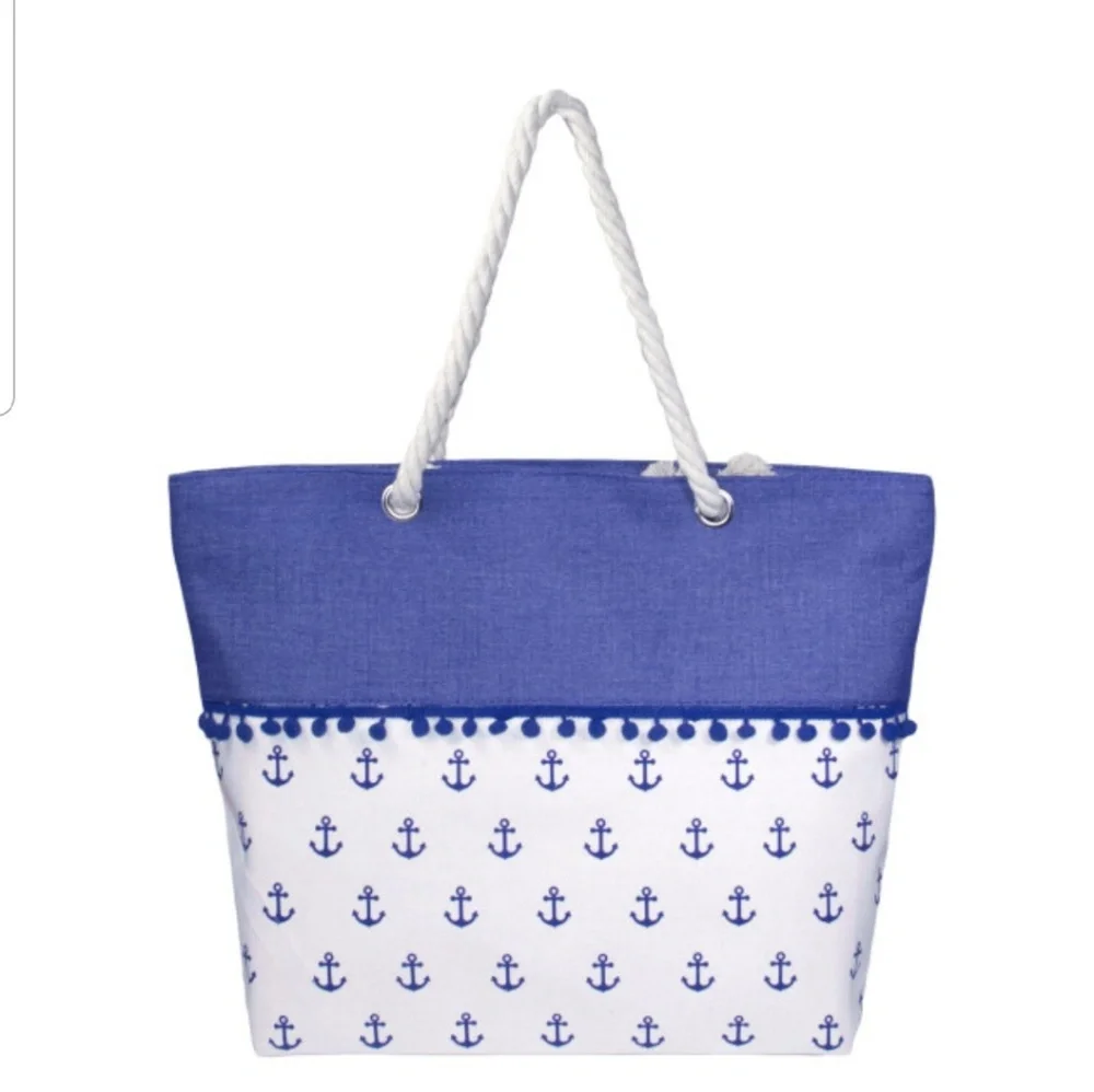 Anchors Away Tote with Pom Poms - Picture 2 of 4